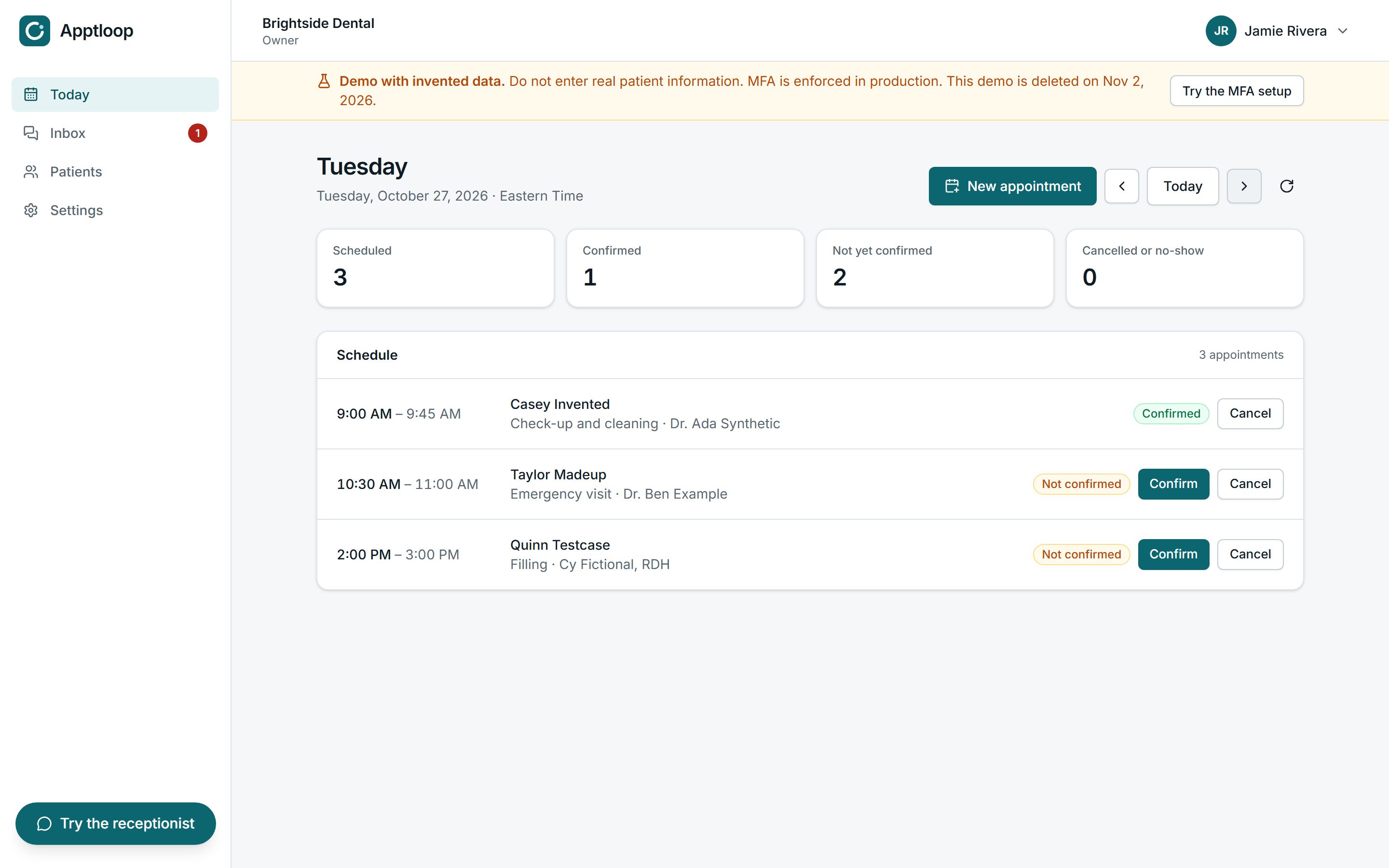 Today: the day's appointments with their status, and buttons to confirm or cancel each.